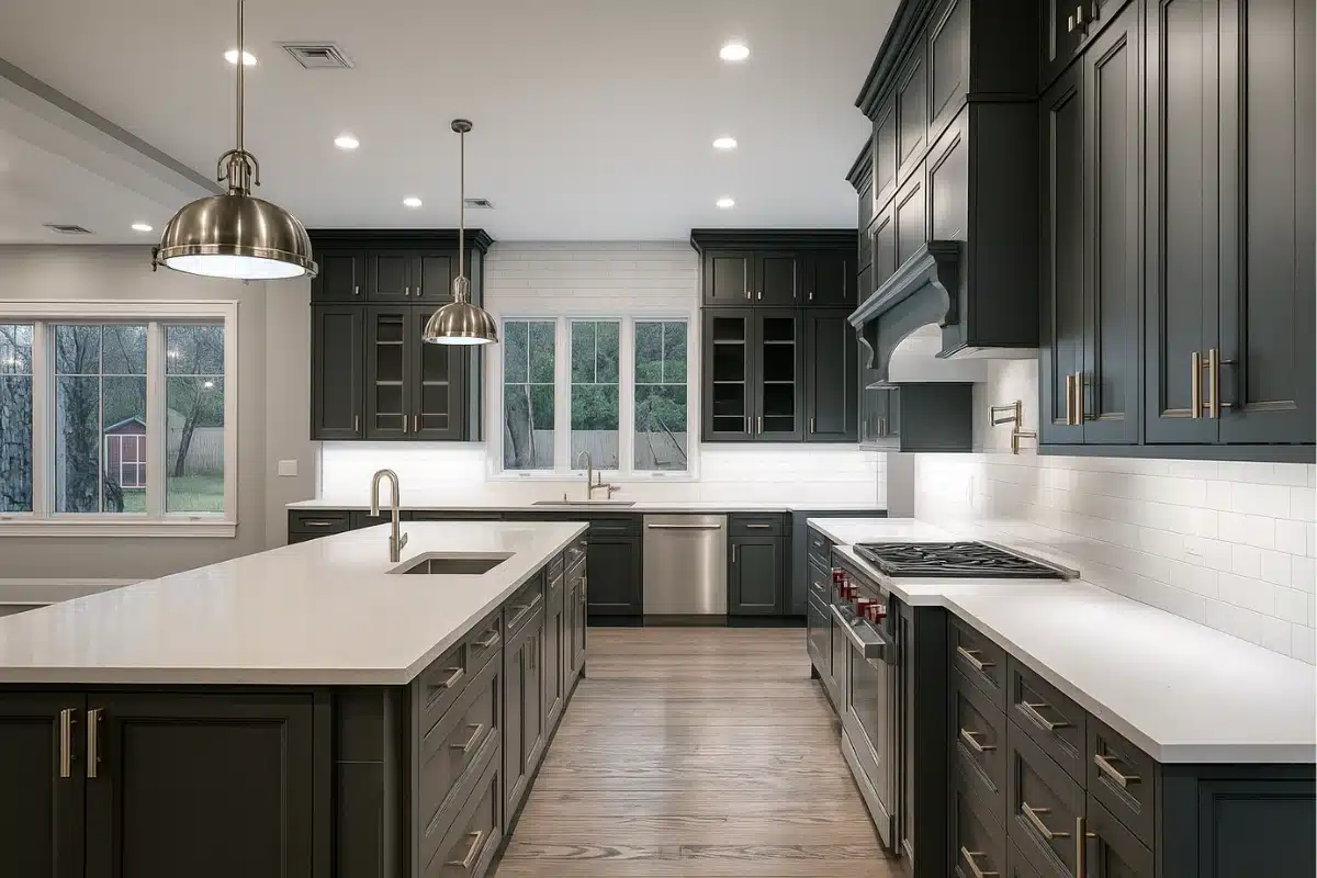 Modern kitchen with dark cabinetry, white countertops, and newly installed wood-look tile flooring, showing a high-end tile flooring installation in Baltimore MD.