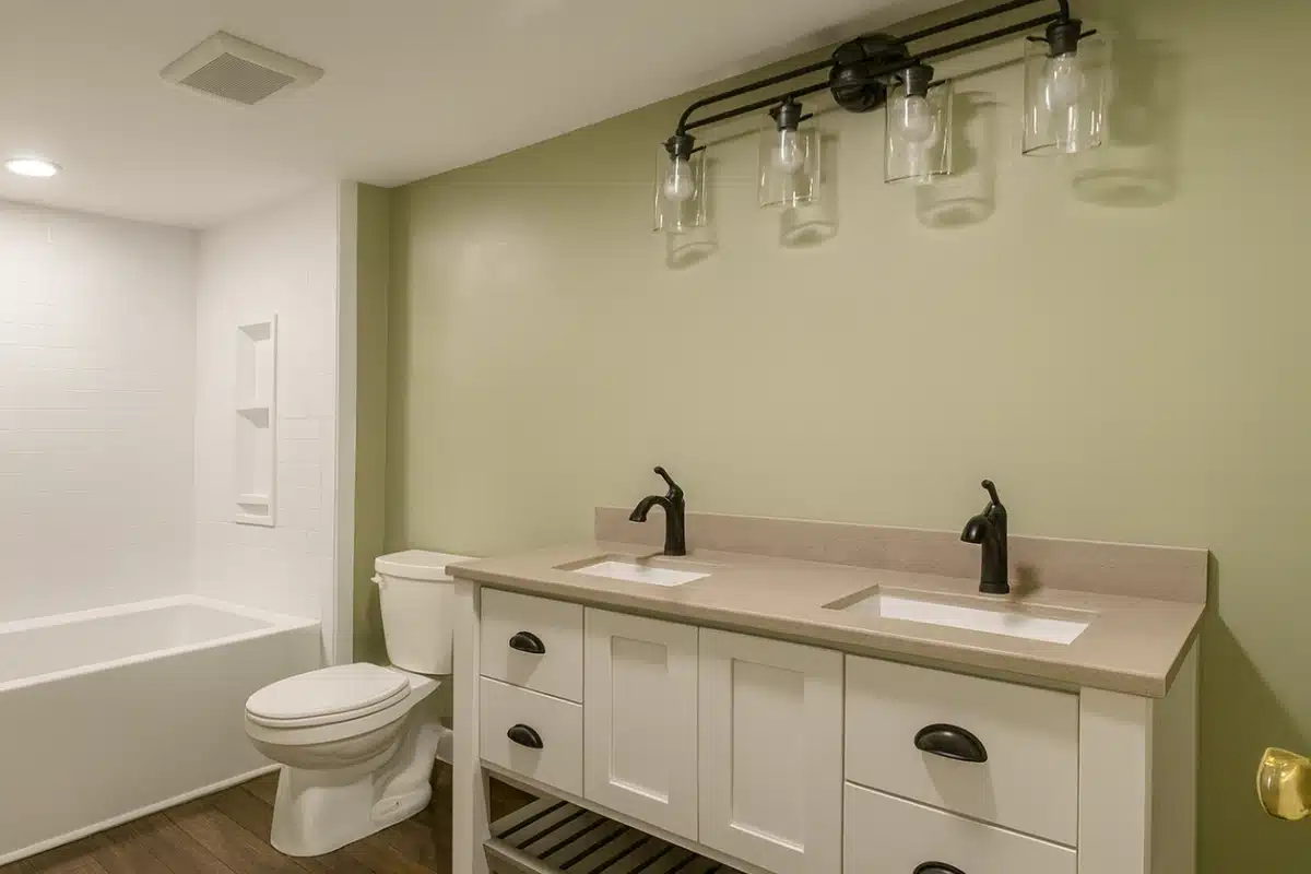 freshly painted bathroom with light-green walls and updated vanity during a bathroom painting project in baltimore md