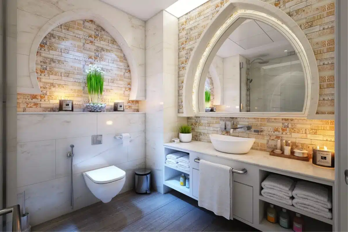 modern bathroom with updated flooring during a bathroom flooring project in Baltimore MD featuring tile floors and contemporary fixtures