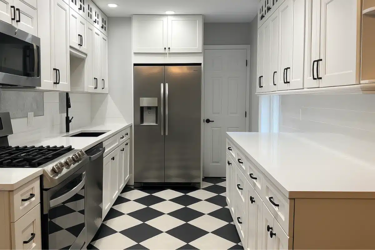 Tile flooring installation in Baltimore MD featuring a modern galley kitchen with black-and-white checkerboard tiles, white cabinetry, and stainless steel appliances.