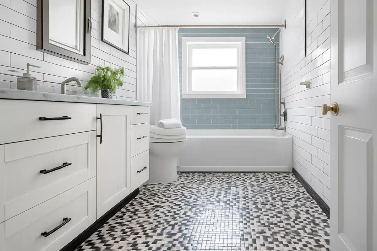 modern bathroom with patterned tile floor and subway tile walls featuring tile installation in baltimore md