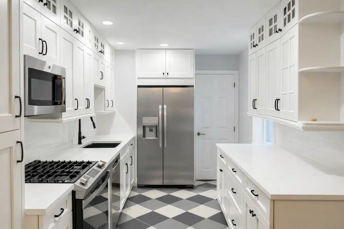 Bright white kitchen remodeling in Baltimore, MD showcasing a galley-style layout with quartz countertops, modern appliances, and checkered tile floor