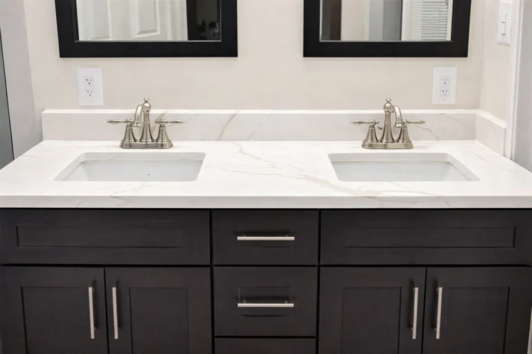 Bathroom vanity remodeling in Baltimore, MD showcasing a double sink vanity with dark cabinetry, quartz countertops, and modern fixtures.