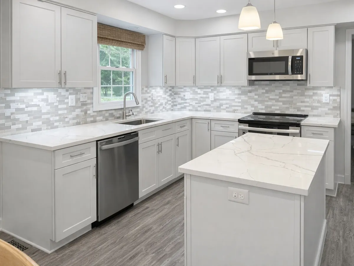 Completed kitchen renovation with mosaic backsplash and quartz countertops in Highlandtown Baltimore