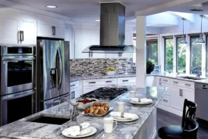 Kitchen remodel with granite island in a Joseph Lee Baltimore home