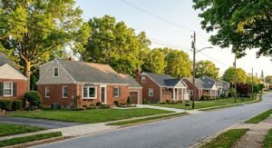 A row of classic brick Cape Cod homes in Parkville, MD. We provide kitchen and bathroom remodeling for traditional Baltimore County residential neighborhoods.